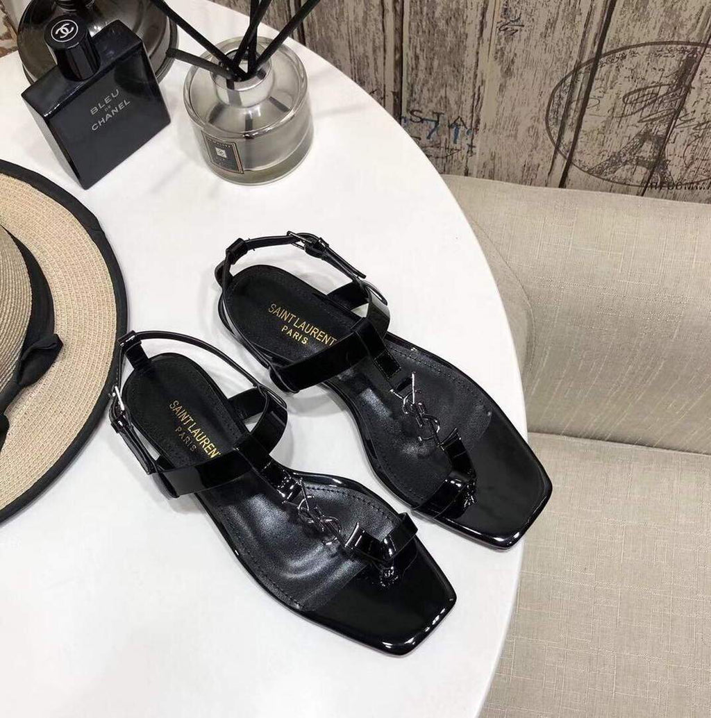 YSL Cassandra Flat Sandals Leather With Monogram Black 30133 - luxibagsmall