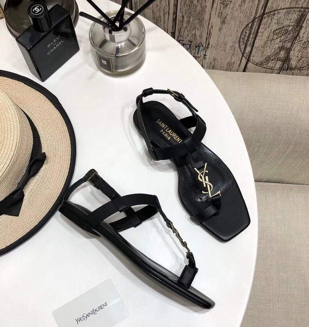 YSL Cassandra Flat Sandals Leather With Monogram Black 30134 - luxibagsmall