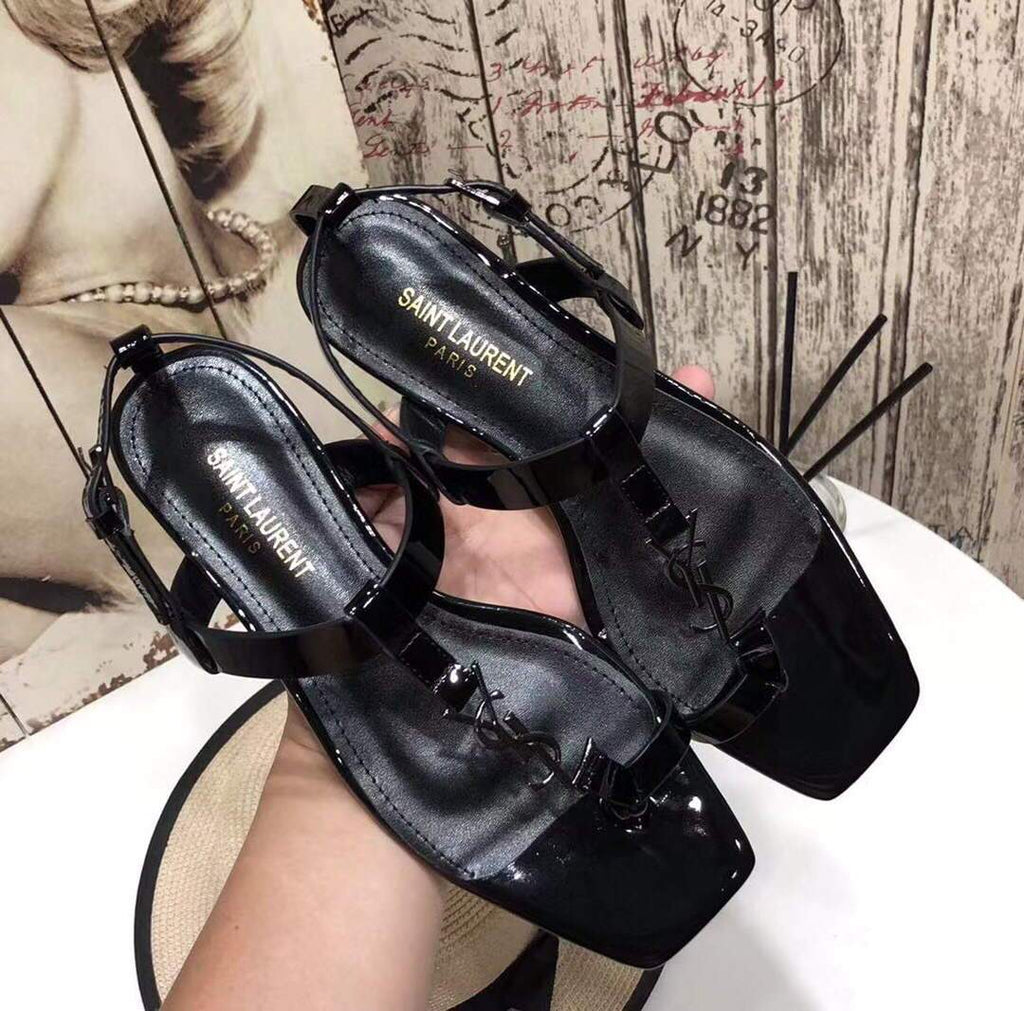 YSL Cassandra Flat Sandals Leather With Monogram Black 30133 - luxibagsmall