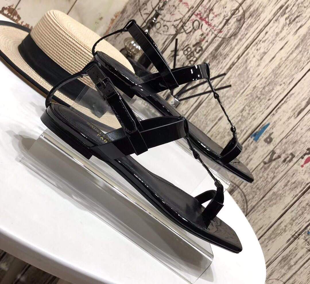 YSL Cassandra Flat Sandals Leather With Monogram Black 30133 - luxibagsmall