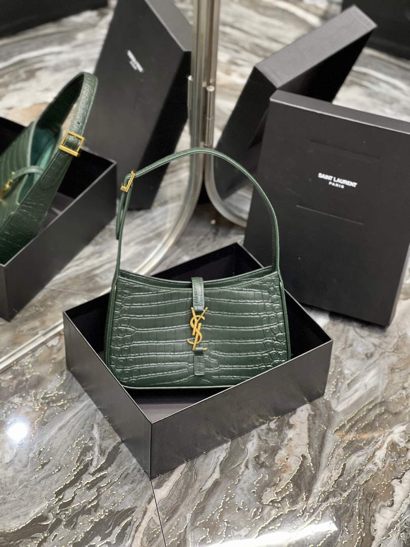 YSL LE5¨¤7 657228 Hobo Bag In Crocodile Embossed Shiny Leather Dark Green