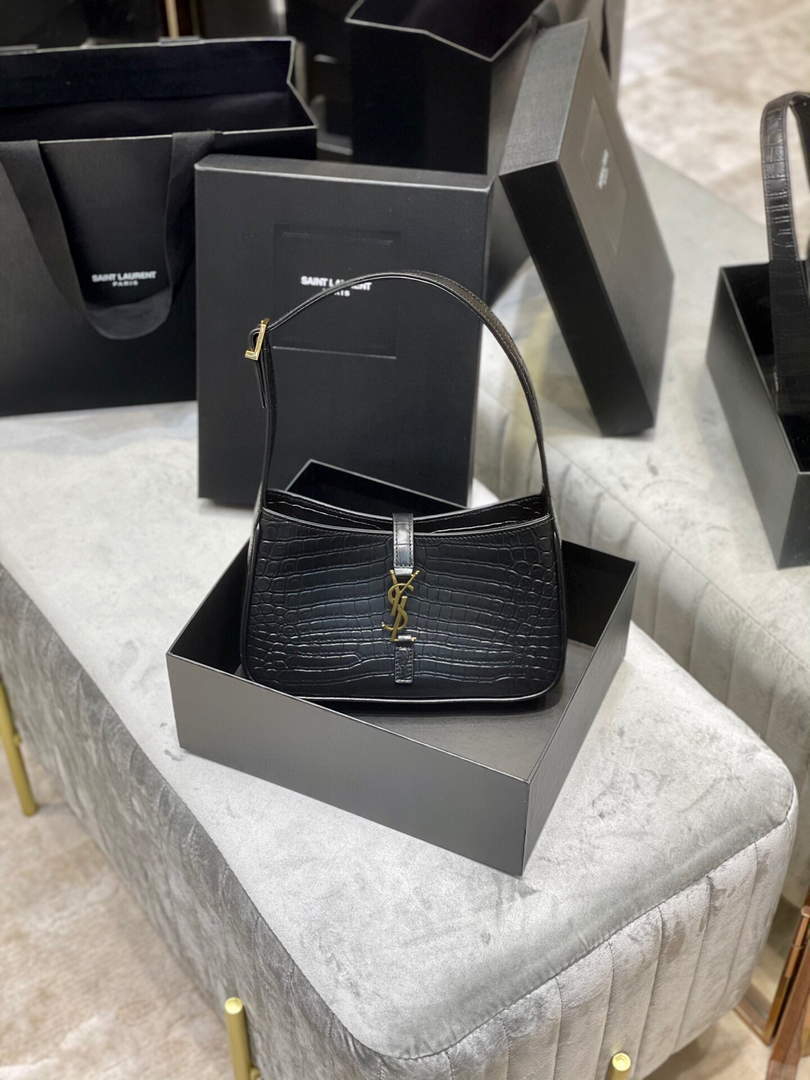 YSL LE5¨¤7 657228 Hobo Bag In Crocodile Embossed Shiny Leather Black
