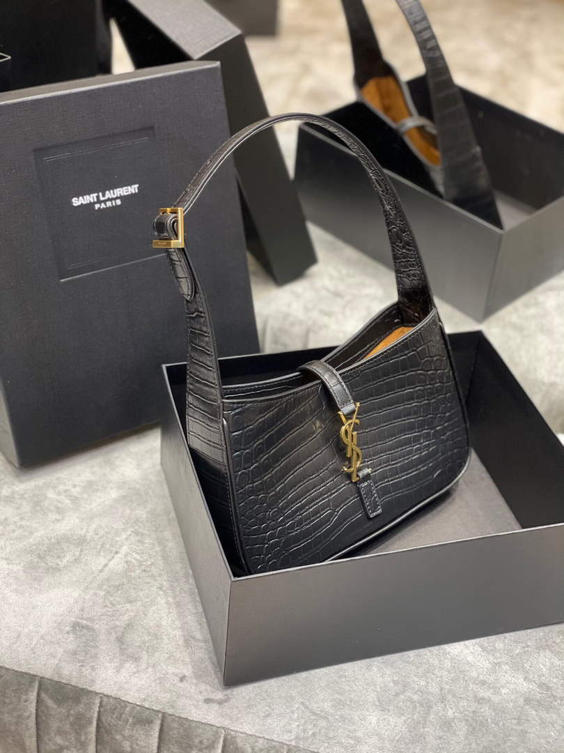 YSL LE5¨¤7 657228 Hobo Bag In Crocodile Embossed Shiny Leather Black