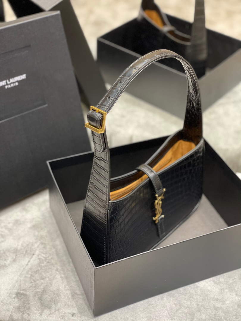 YSL LE5¨¤7 657228 Hobo Bag In Crocodile Embossed Shiny Leather Black