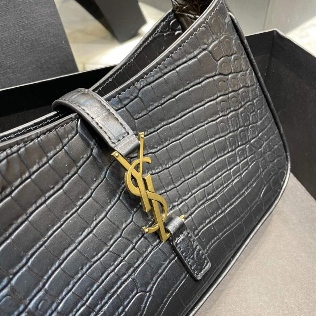 YSL LE5¨¤7 657228 Hobo Bag In Crocodile Embossed Shiny Leather Black