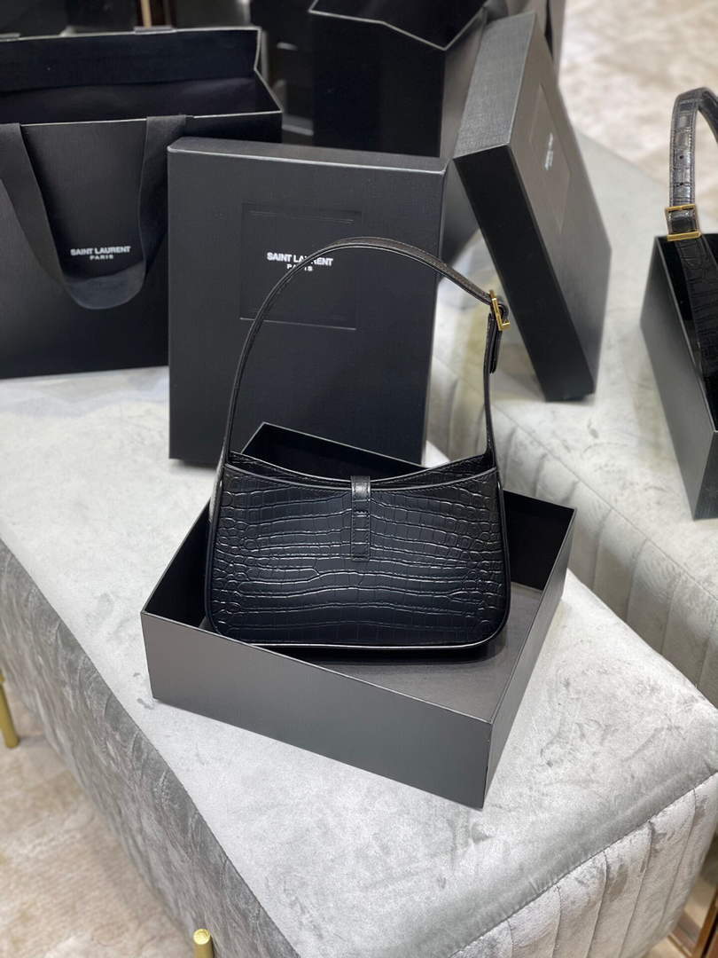 YSL LE5¨¤7 657228 Hobo Bag In Crocodile Embossed Shiny Leather Black