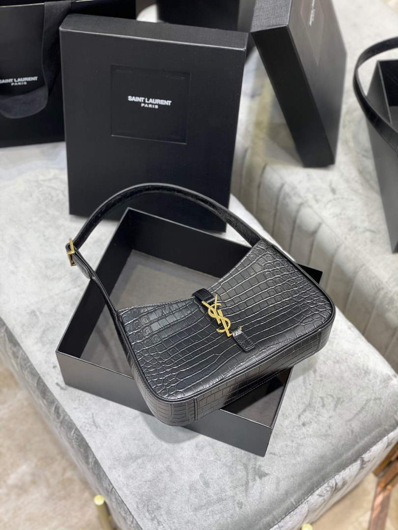 YSL LE5¨¤7 657228 Hobo Bag In Crocodile Embossed Shiny Leather Black