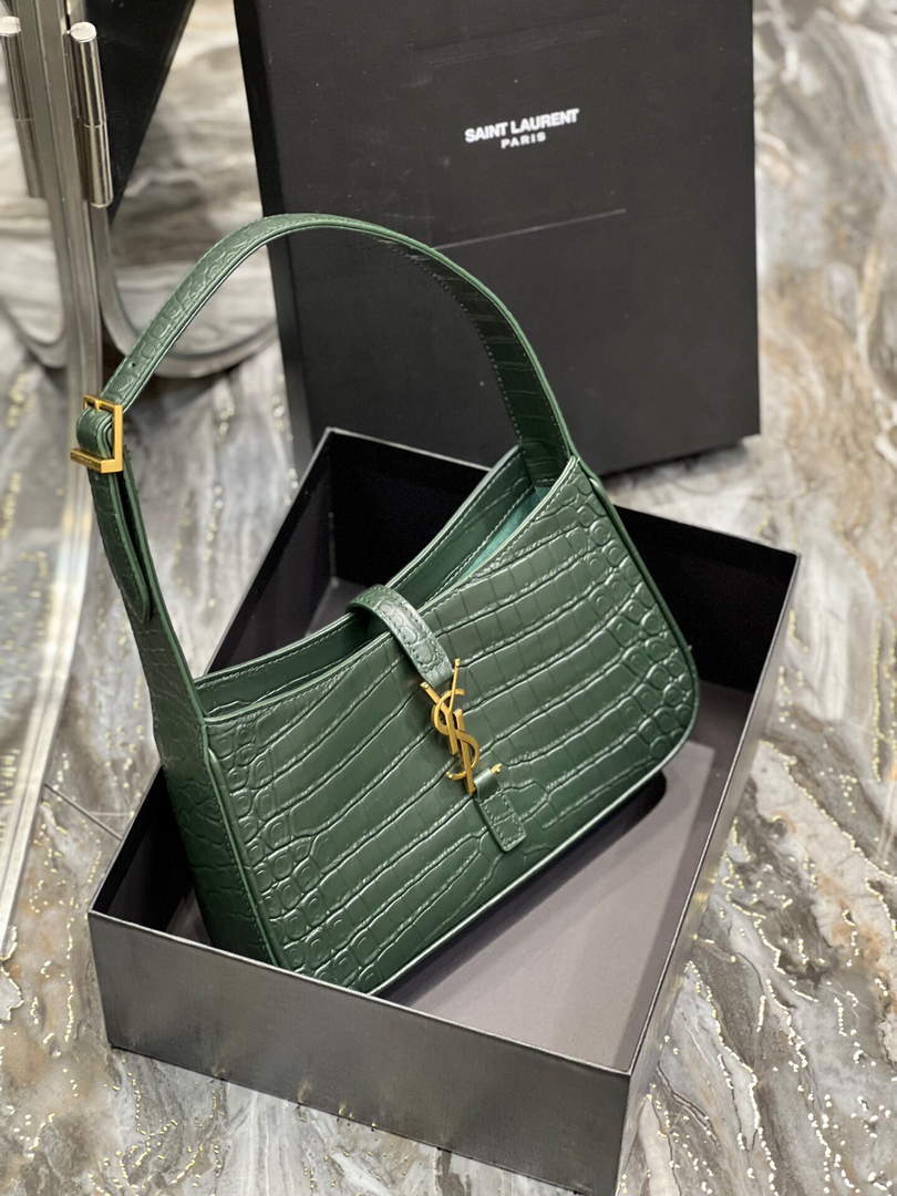 YSL LE5¨¤7 657228 Hobo Bag In Crocodile Embossed Shiny Leather Dark Green