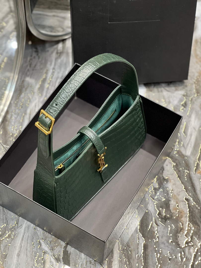 YSL LE5¨¤7 657228 Hobo Bag In Crocodile Embossed Shiny Leather Dark Green