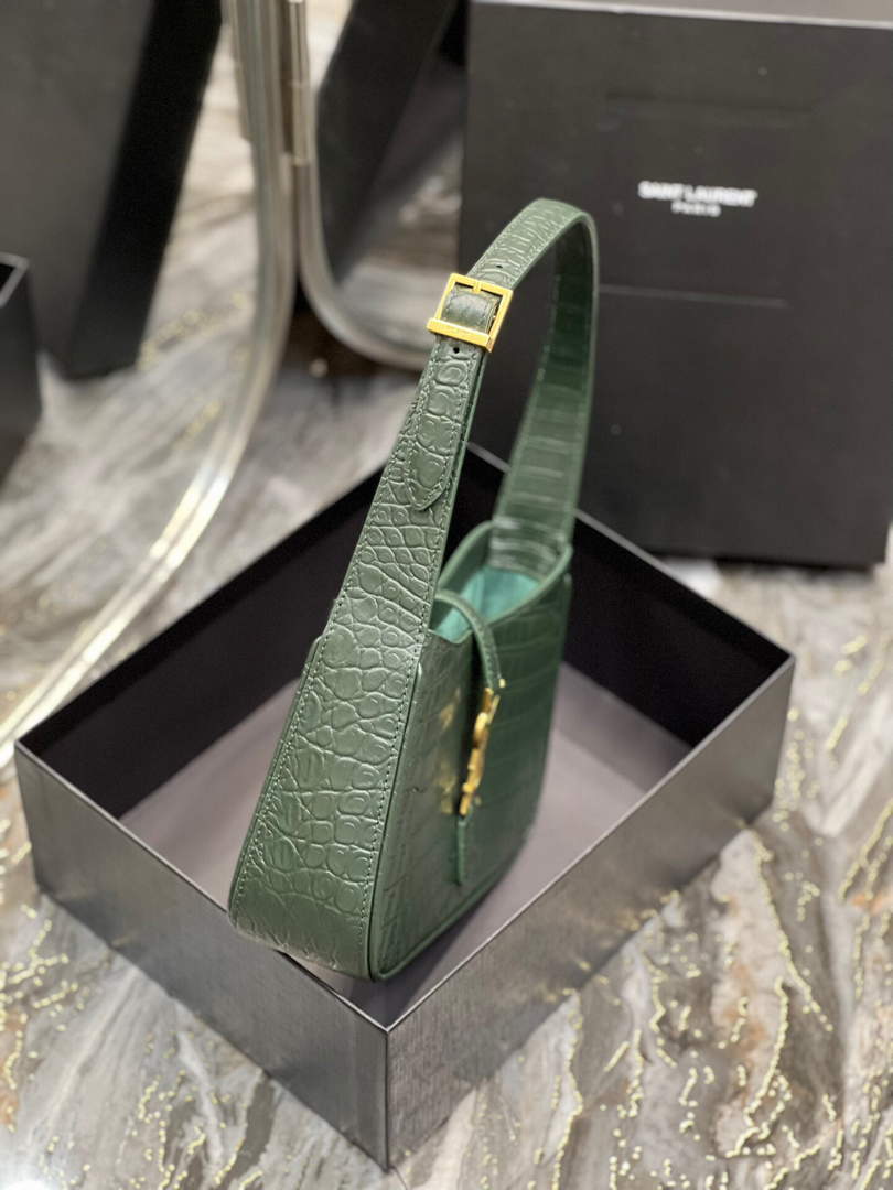 YSL LE5¨¤7 657228 Hobo Bag In Crocodile Embossed Shiny Leather Dark Green