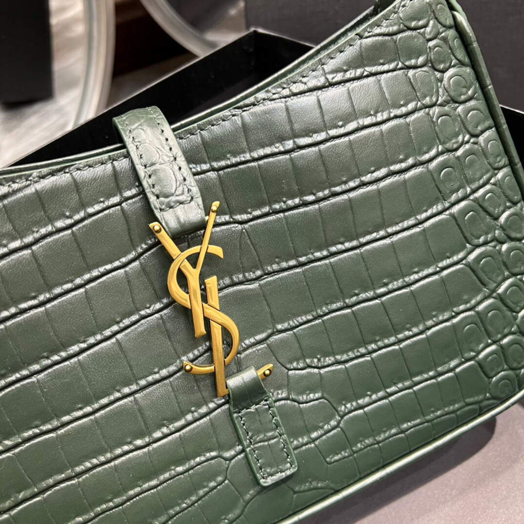 YSL LE5¨¤7 657228 Hobo Bag In Crocodile Embossed Shiny Leather Dark Green