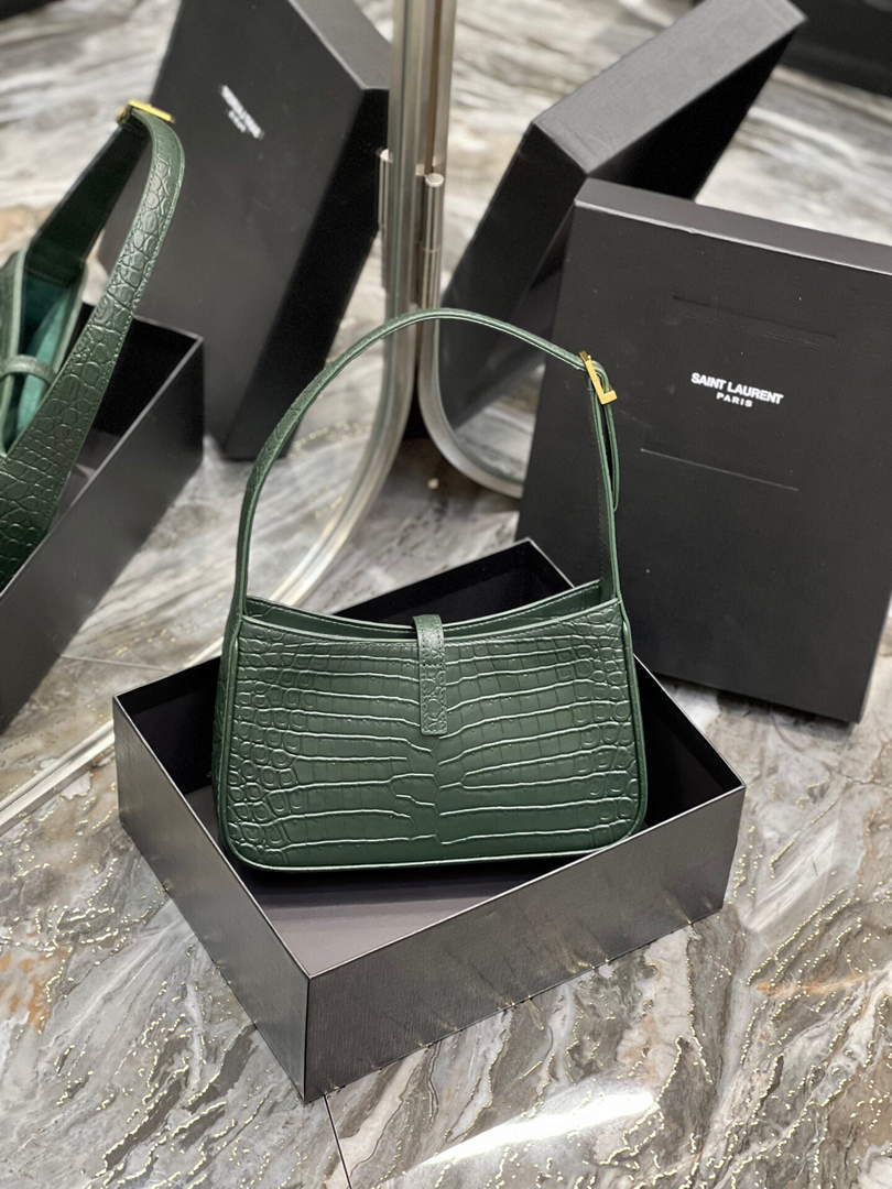 YSL LE5¨¤7 657228 Hobo Bag In Crocodile Embossed Shiny Leather Dark Green