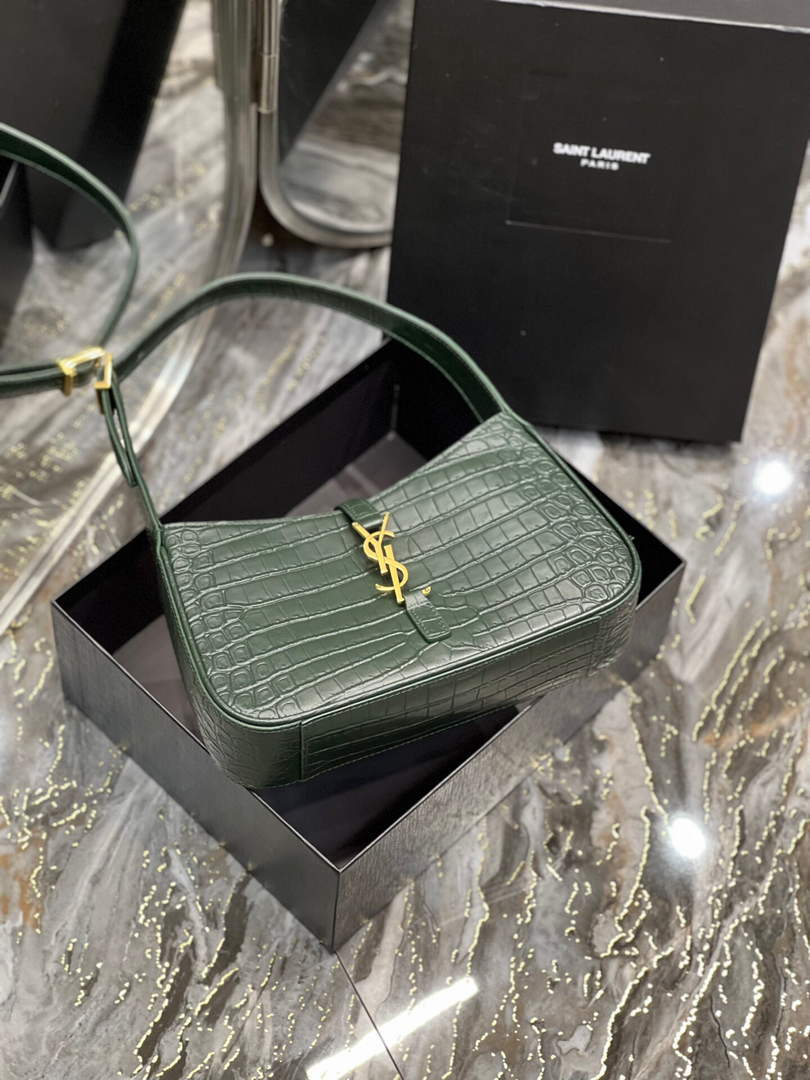 YSL LE5¨¤7 657228 Hobo Bag In Crocodile Embossed Shiny Leather Dark Green