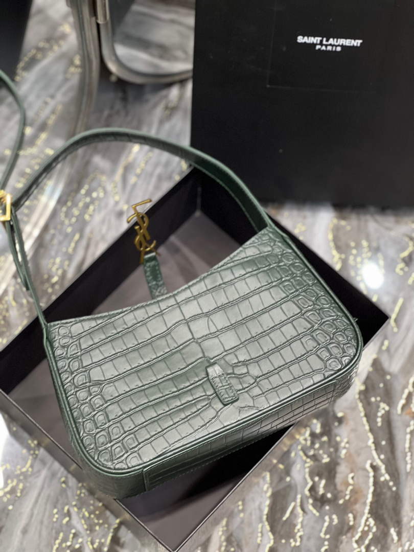 YSL LE5¨¤7 657228 Hobo Bag In Crocodile Embossed Shiny Leather Dark Green