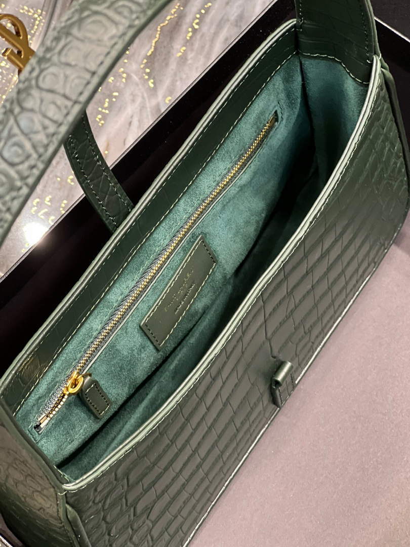 YSL LE5¨¤7 657228 Hobo Bag In Crocodile Embossed Shiny Leather Dark Green