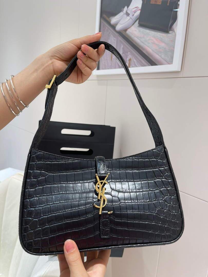 YSL LE5A7 Hobo Bag In Crocodile Embossed Shiny Leather Black