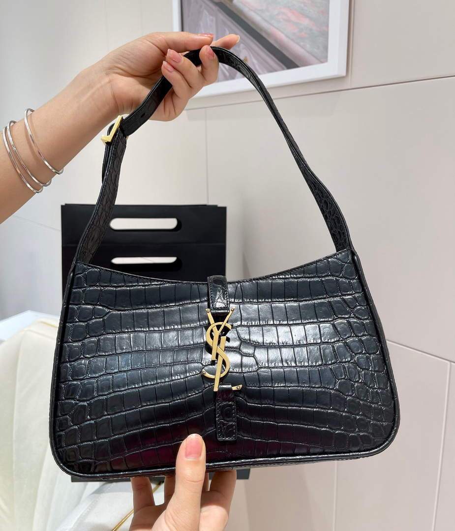 YSL LE5A7 Hobo Bag In Crocodile Embossed Shiny Leather Black