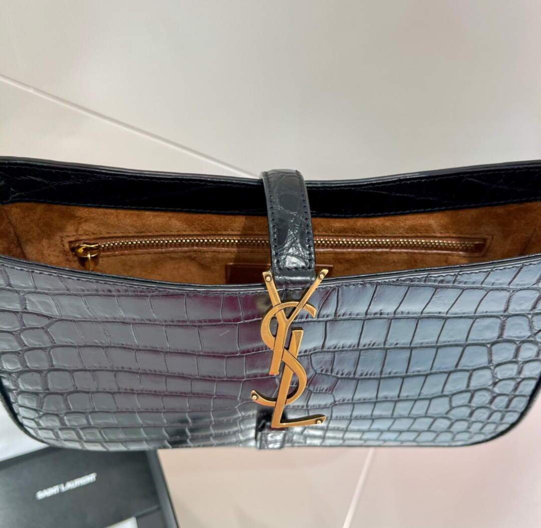 YSL LE5A7 Hobo Bag In Crocodile Embossed Shiny Leather Black