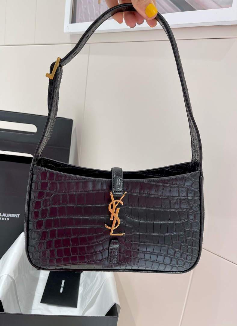 YSL LE5A7 Hobo Bag In Crocodile Embossed Shiny Leather Black