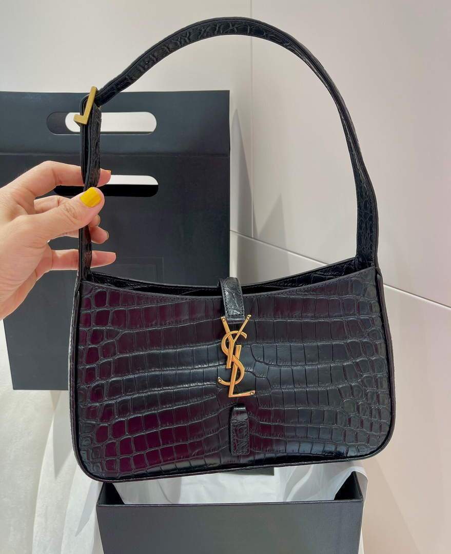 YSL LE5A7 Hobo Bag In Crocodile Embossed Shiny Leather Black