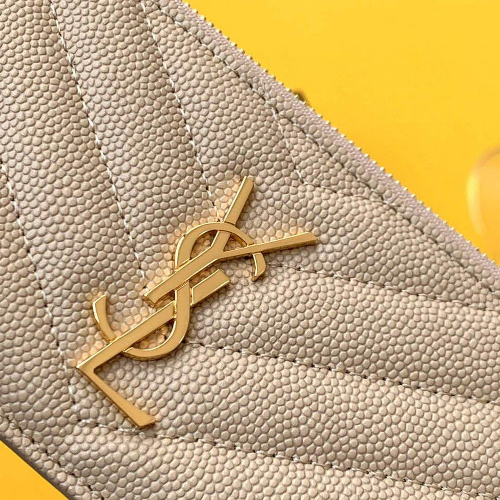 YSL Monogram Fragments Zippered Card Case In Grain De Poudre Embossed Leather 607915 Apricot Gold