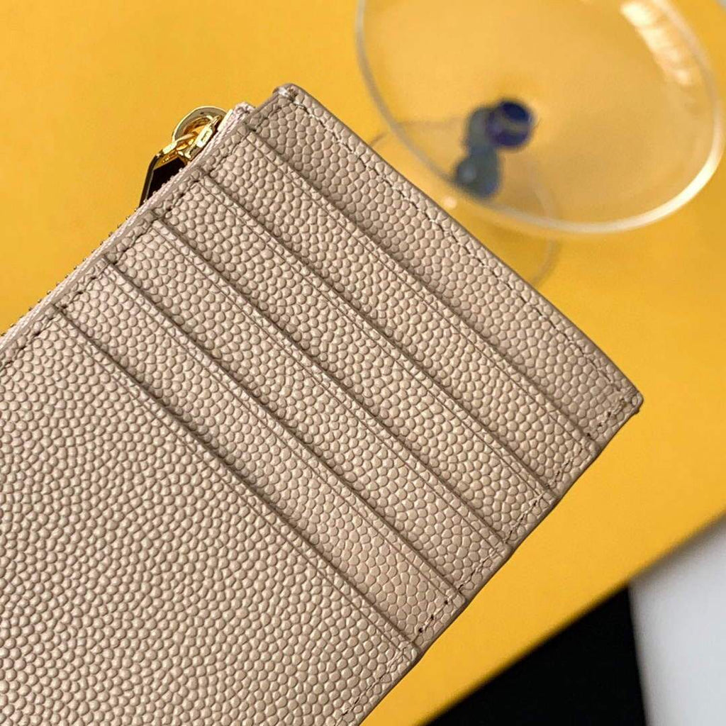 YSL Monogram Fragments Zippered Card Case In Grain De Poudre Embossed Leather 607915 Apricot Gold