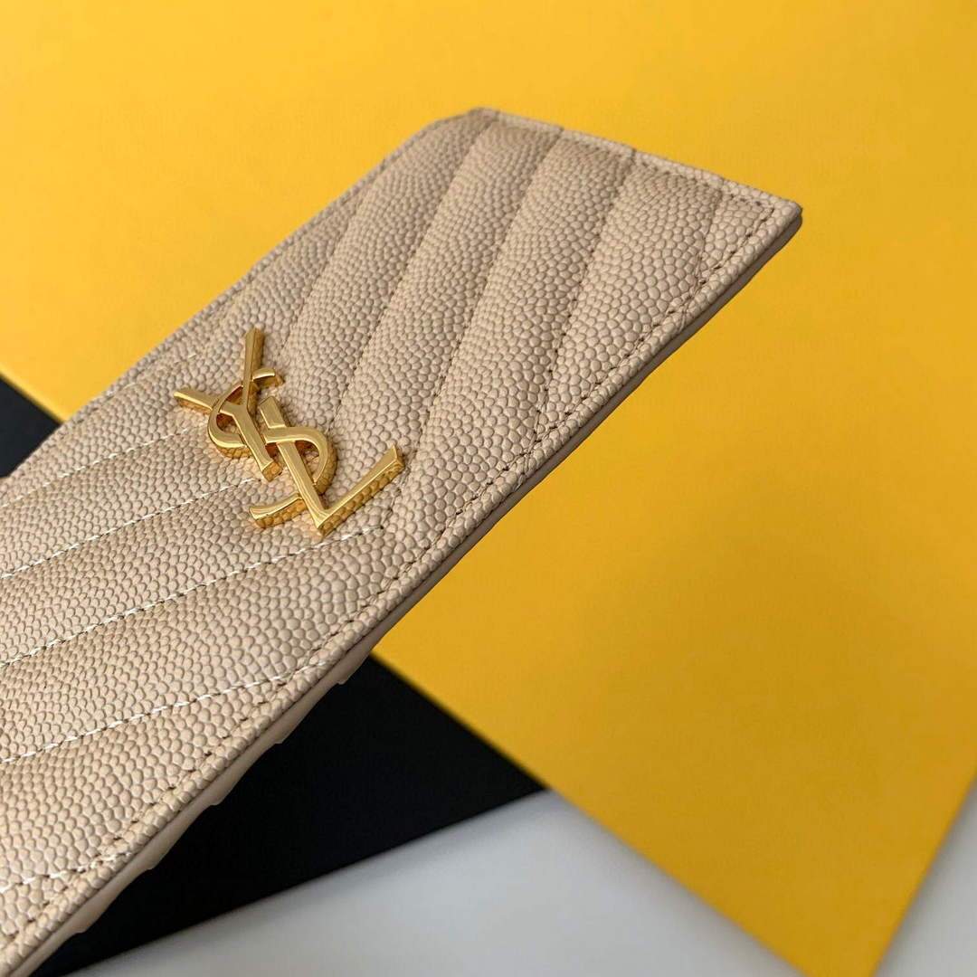YSL Monogram Fragments Zippered Card Case In Grain De Poudre Embossed Leather 607915 Apricot Gold