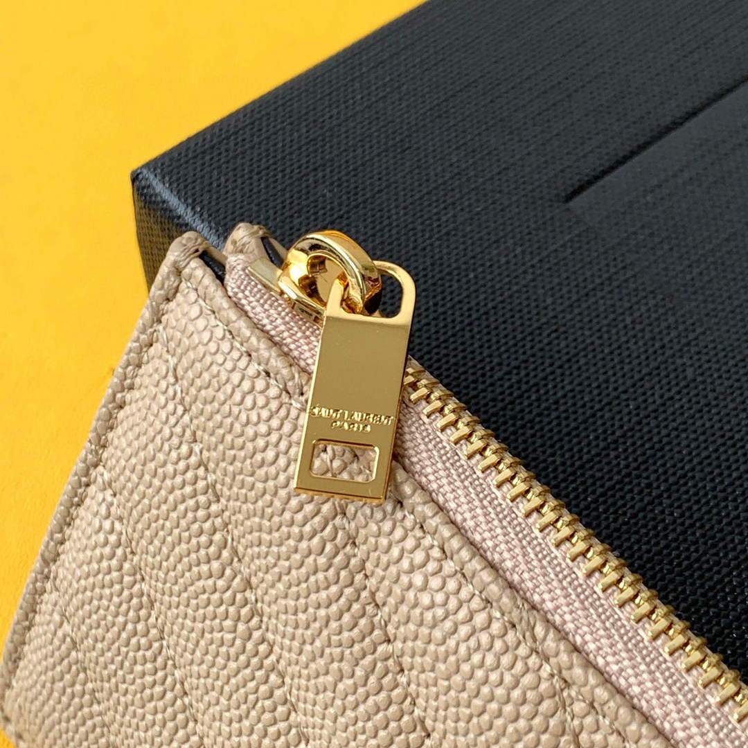 YSL Monogram Fragments Zippered Card Case In Grain De Poudre Embossed Leather 607915 Apricot Gold