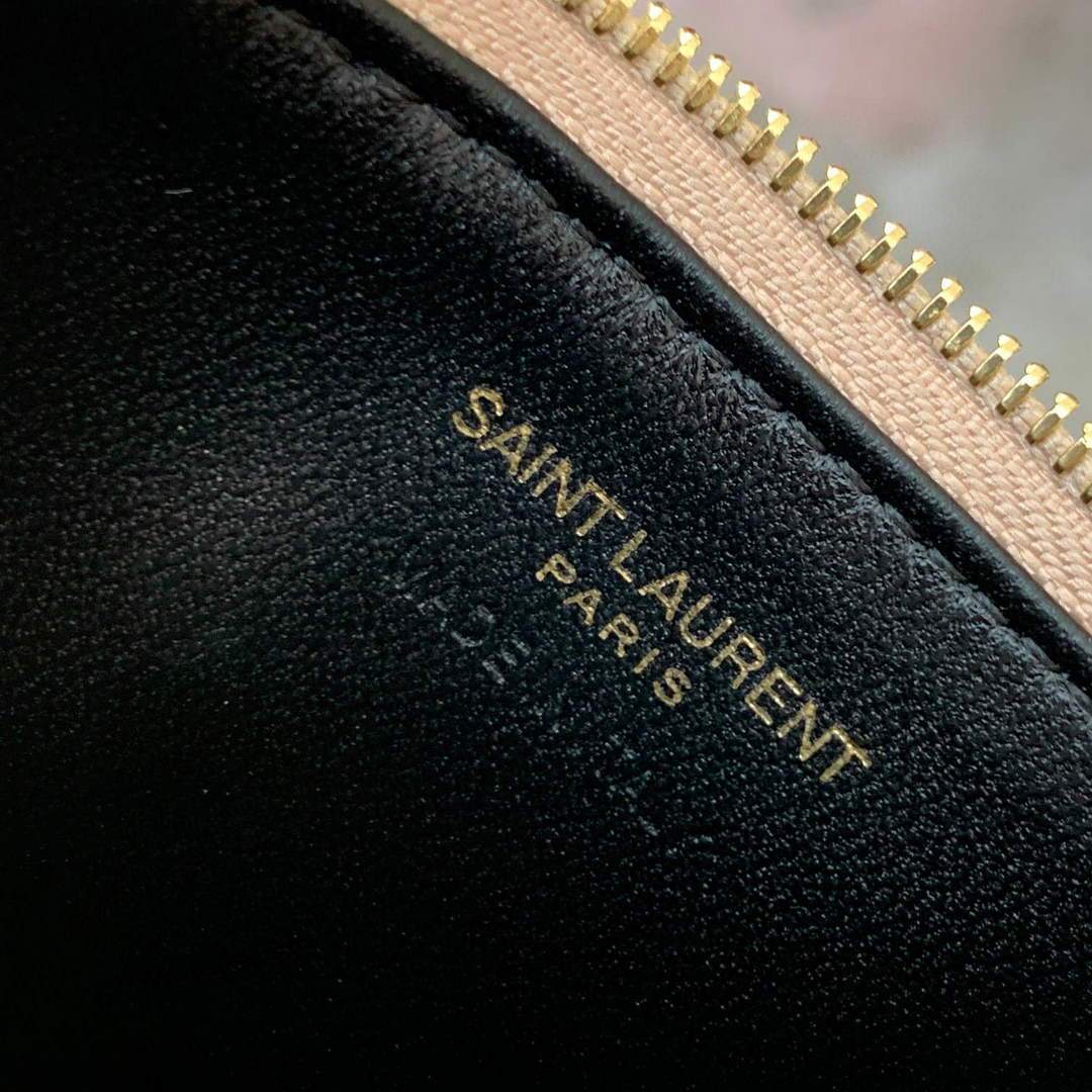 YSL Monogram Fragments Zippered Card Case In Grain De Poudre Embossed Leather 607915 Apricot Gold
