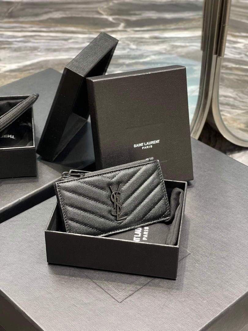 YSL Monogram Fragments Zippered Card Case In Grain De Poudre Embossed Leather 607915 Black with Black
