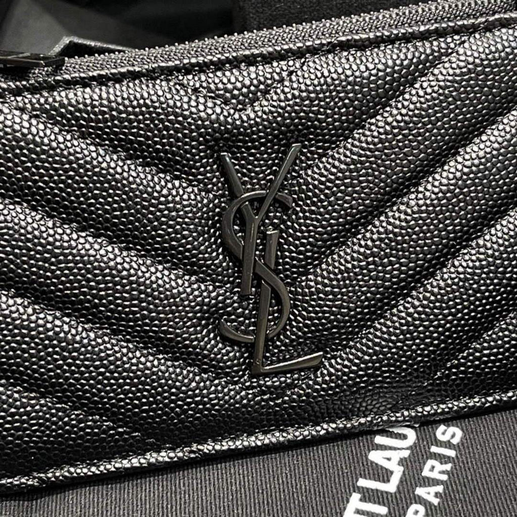 YSL Monogram Fragments Zippered Card Case In Grain De Poudre Embossed Leather 607915 Black with Black