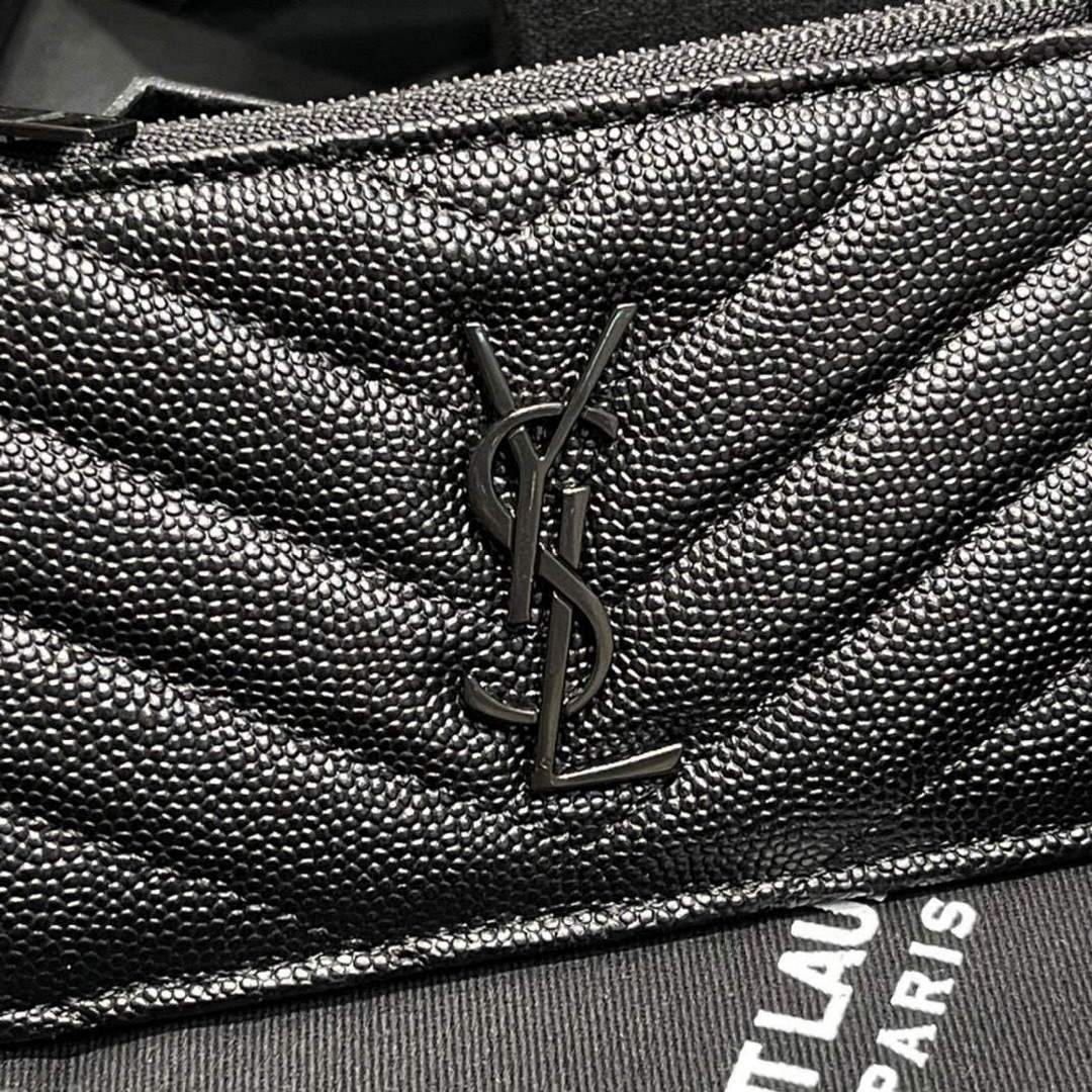 YSL Monogram Fragments Zippered Card Case In Grain De Poudre Embossed Leather 607915 Black with Black