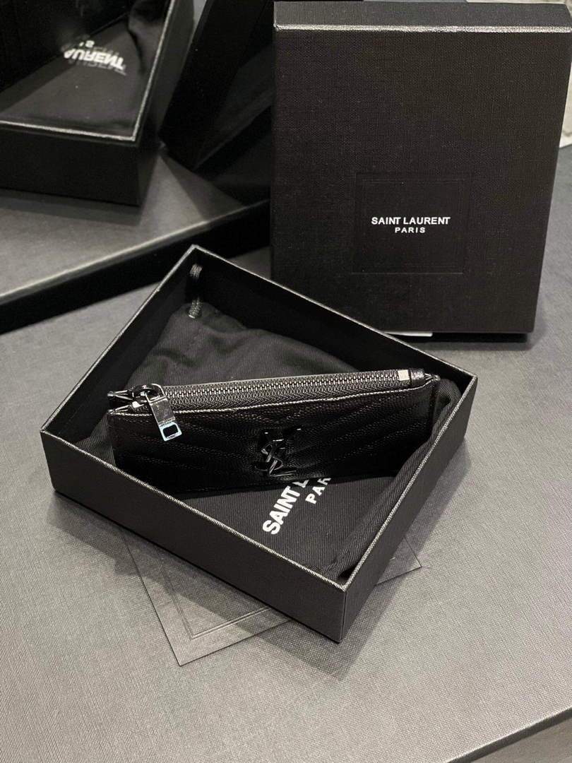 YSL Monogram Fragments Zippered Card Case In Grain De Poudre Embossed Leather 607915 Black with Black