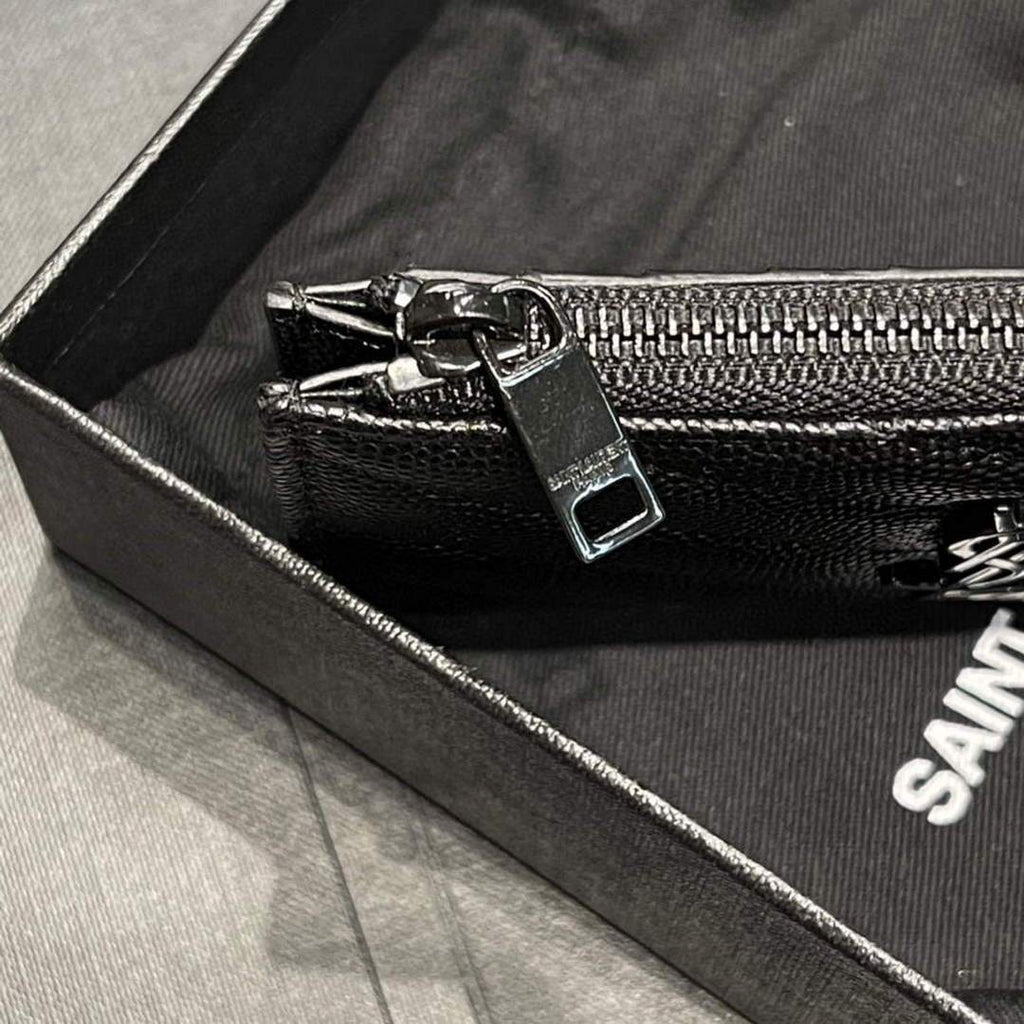 YSL Monogram Fragments Zippered Card Case In Grain De Poudre Embossed Leather 607915 Black with Black