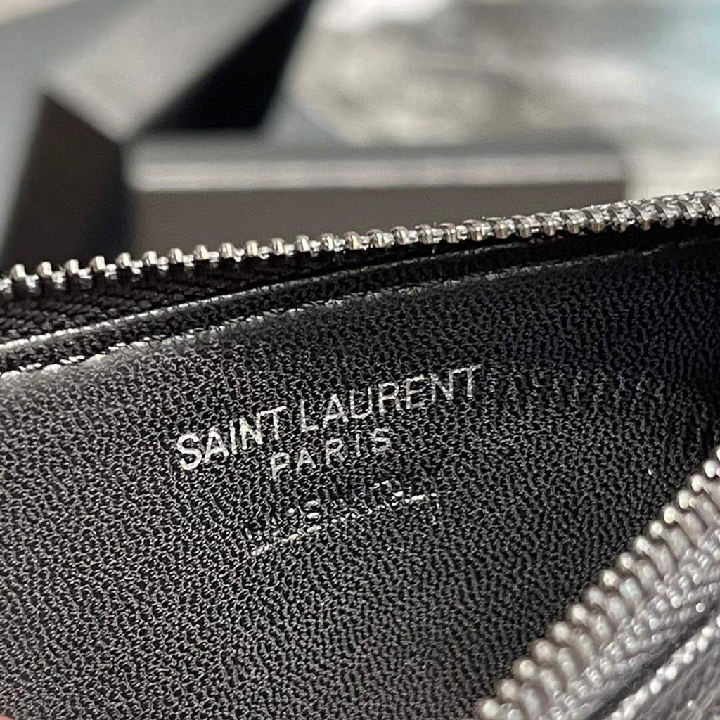 YSL Monogram Fragments Zippered Card Case In Grain De Poudre Embossed Leather 607915 Black with Black