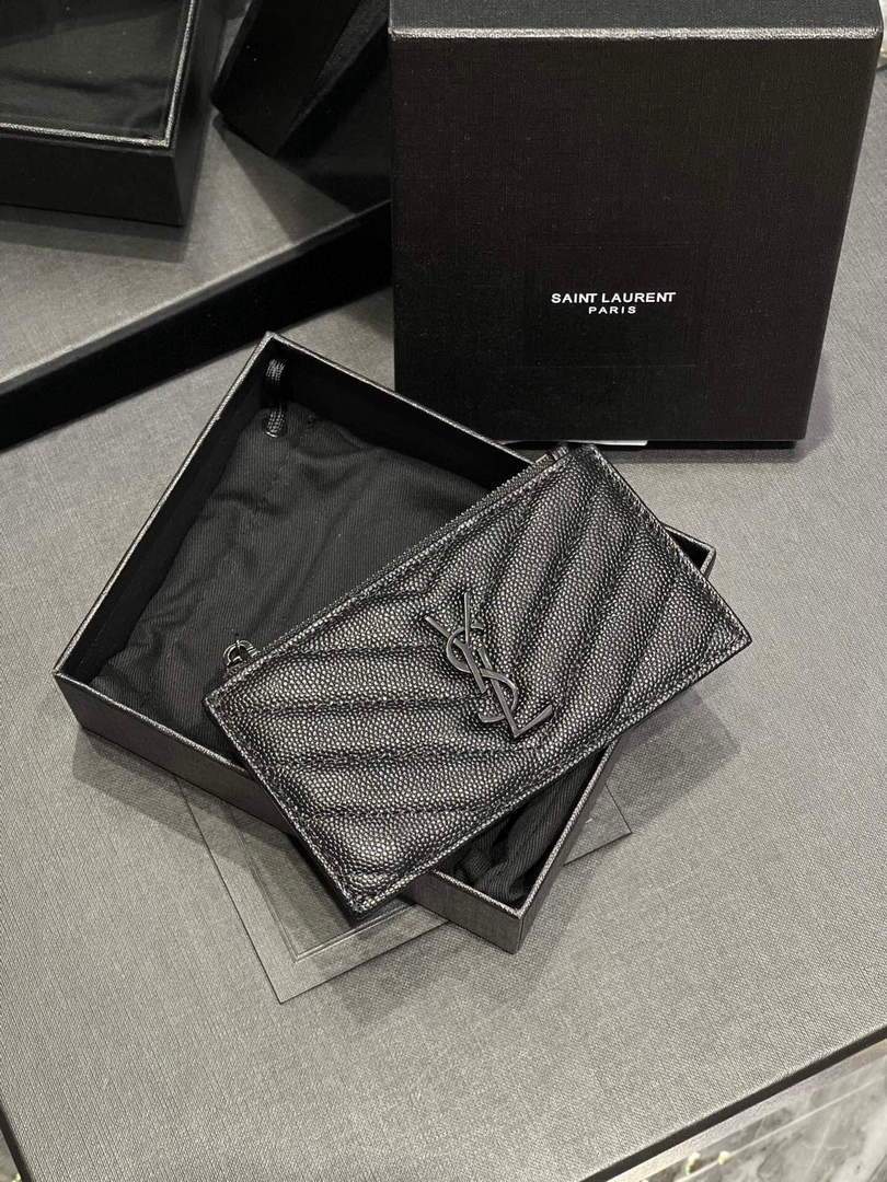 YSL Monogram Fragments Zippered Card Case In Grain De Poudre Embossed Leather 607915 Black with Black