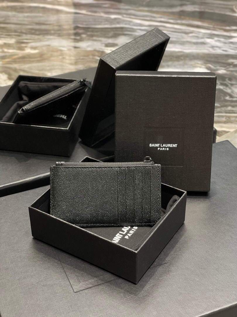 YSL Monogram Fragments Zippered Card Case In Grain De Poudre Embossed Leather 607915 Black with Black