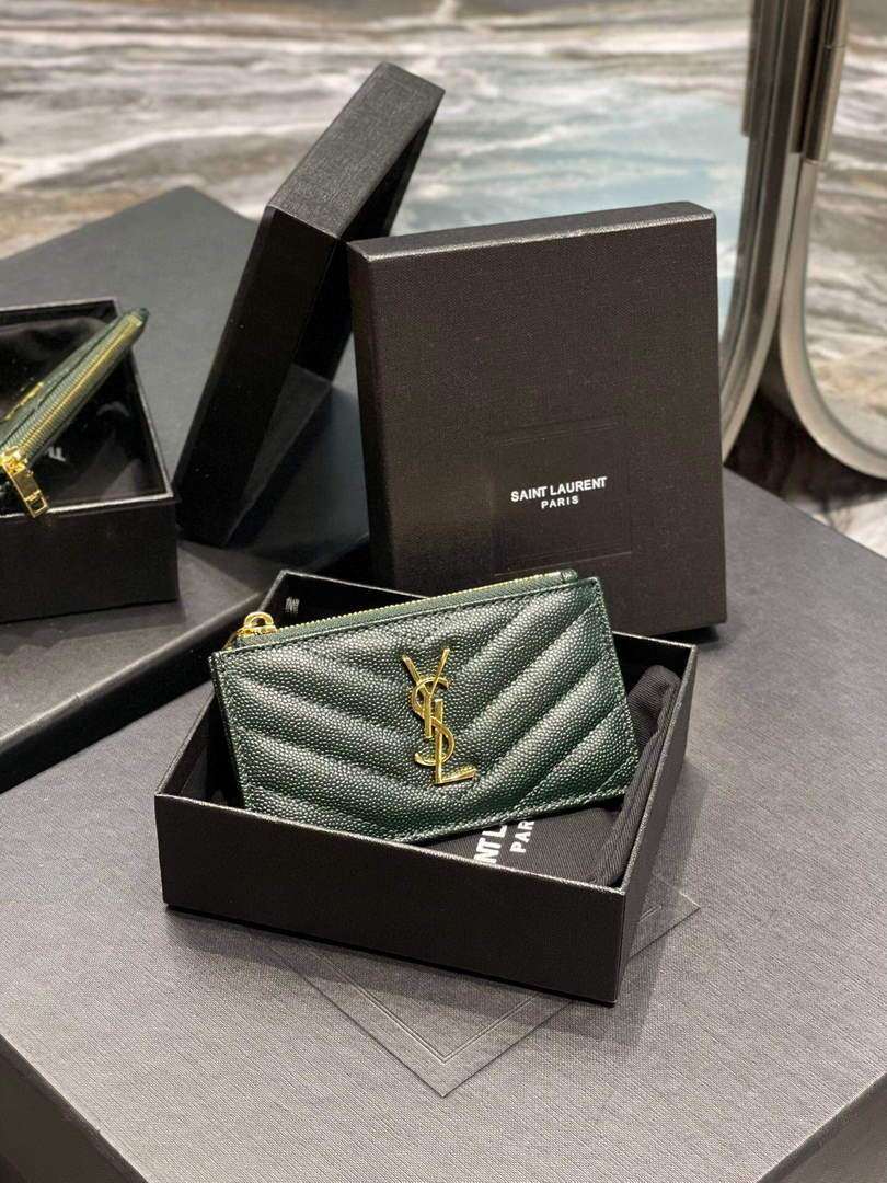 YSL Monogram Fragments Zippered Card Case In Grain De Poudre Embossed Leather 607915 Dark Green Gold