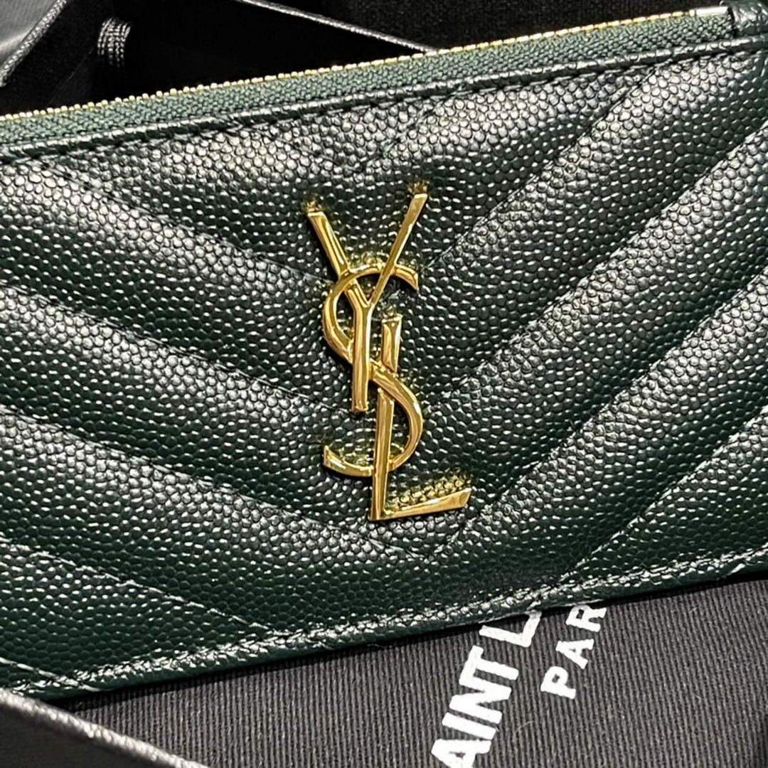 YSL Monogram Fragments Zippered Card Case In Grain De Poudre Embossed Leather 607915 Dark Green Gold