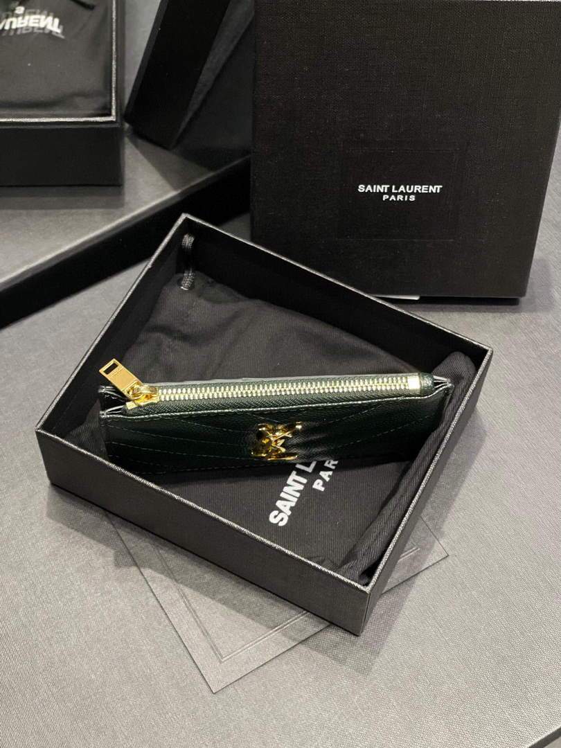 YSL Monogram Fragments Zippered Card Case In Grain De Poudre Embossed Leather 607915 Dark Green Gold