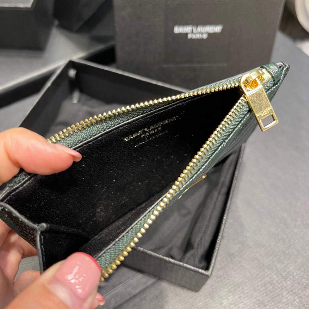 YSL Monogram Fragments Zippered Card Case In Grain De Poudre Embossed Leather 607915 Dark Green Gold