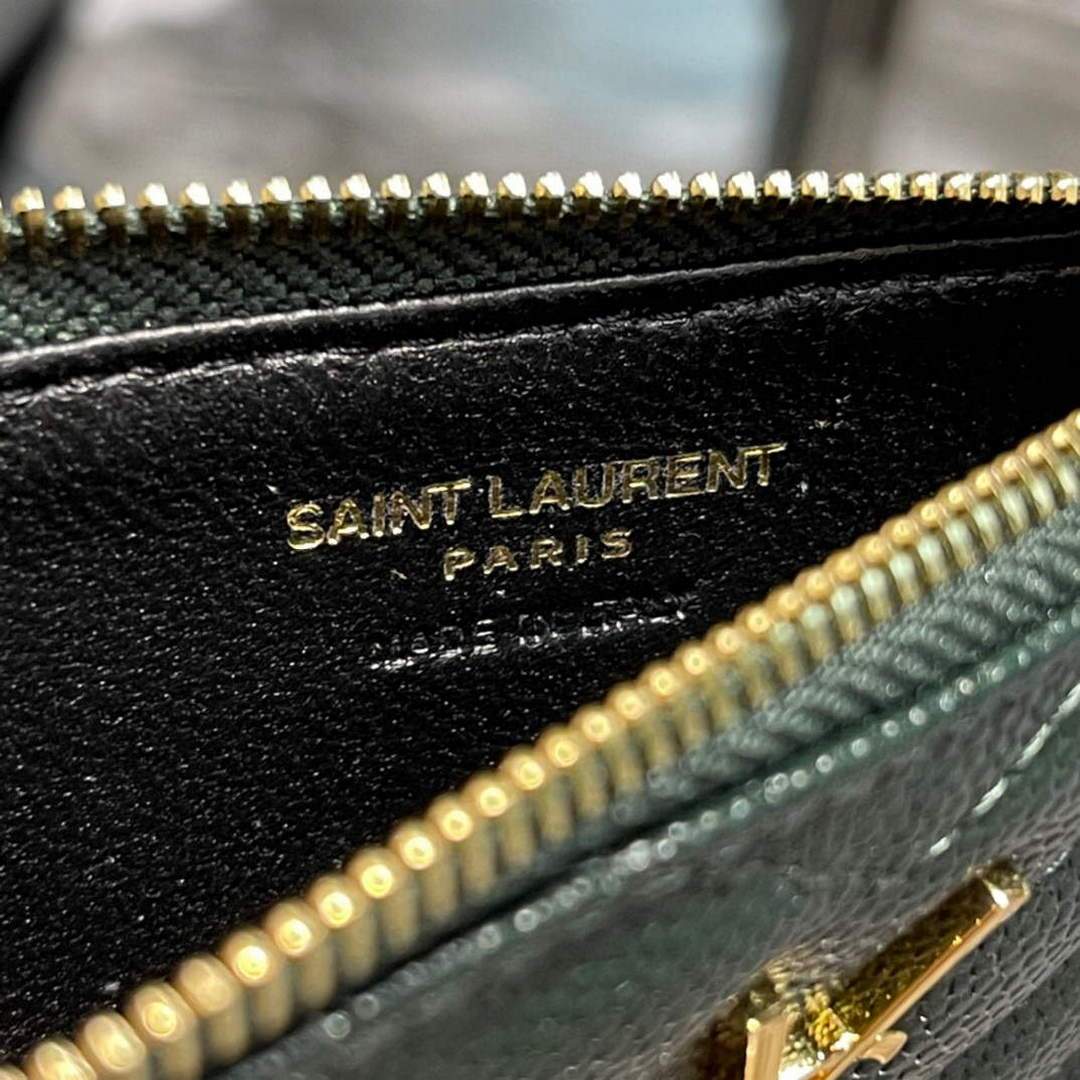 YSL Monogram Fragments Zippered Card Case In Grain De Poudre Embossed Leather 607915 Dark Green Gold