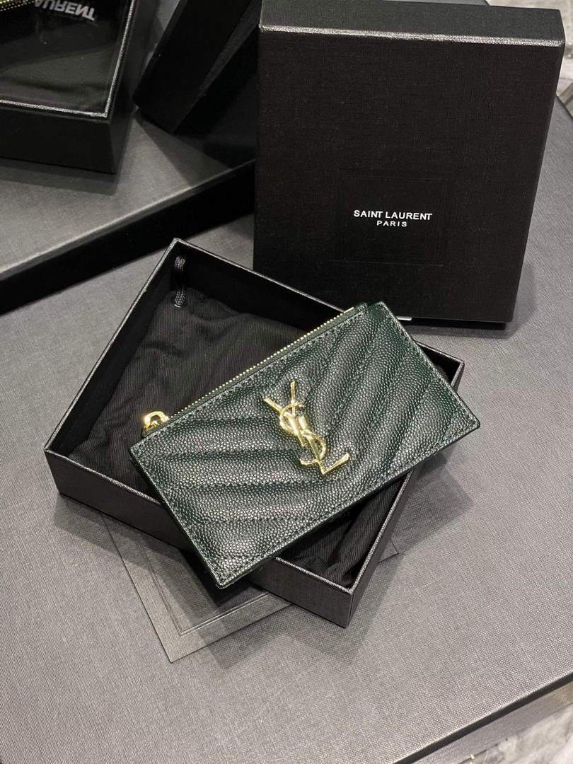 YSL Monogram Fragments Zippered Card Case In Grain De Poudre Embossed Leather 607915 Dark Green Gold