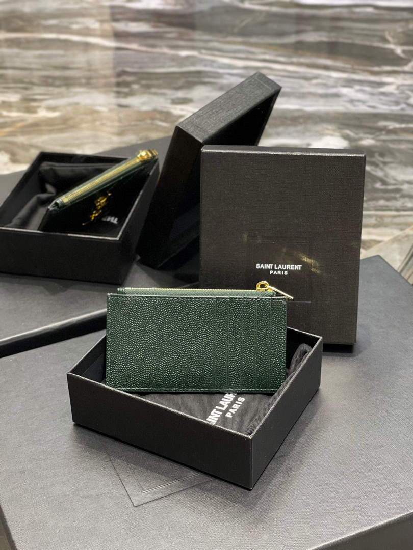 YSL Monogram Fragments Zippered Card Case In Grain De Poudre Embossed Leather 607915 Dark Green Gold