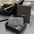 YSL Monogram Fragments Zippered Card Case In Grain De Poudre Embossed Leather 607915 Grey Gold