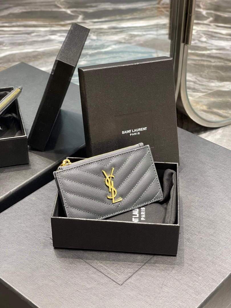 YSL Monogram Fragments Zippered Card Case In Grain De Poudre Embossed Leather 607915 Grey Gold