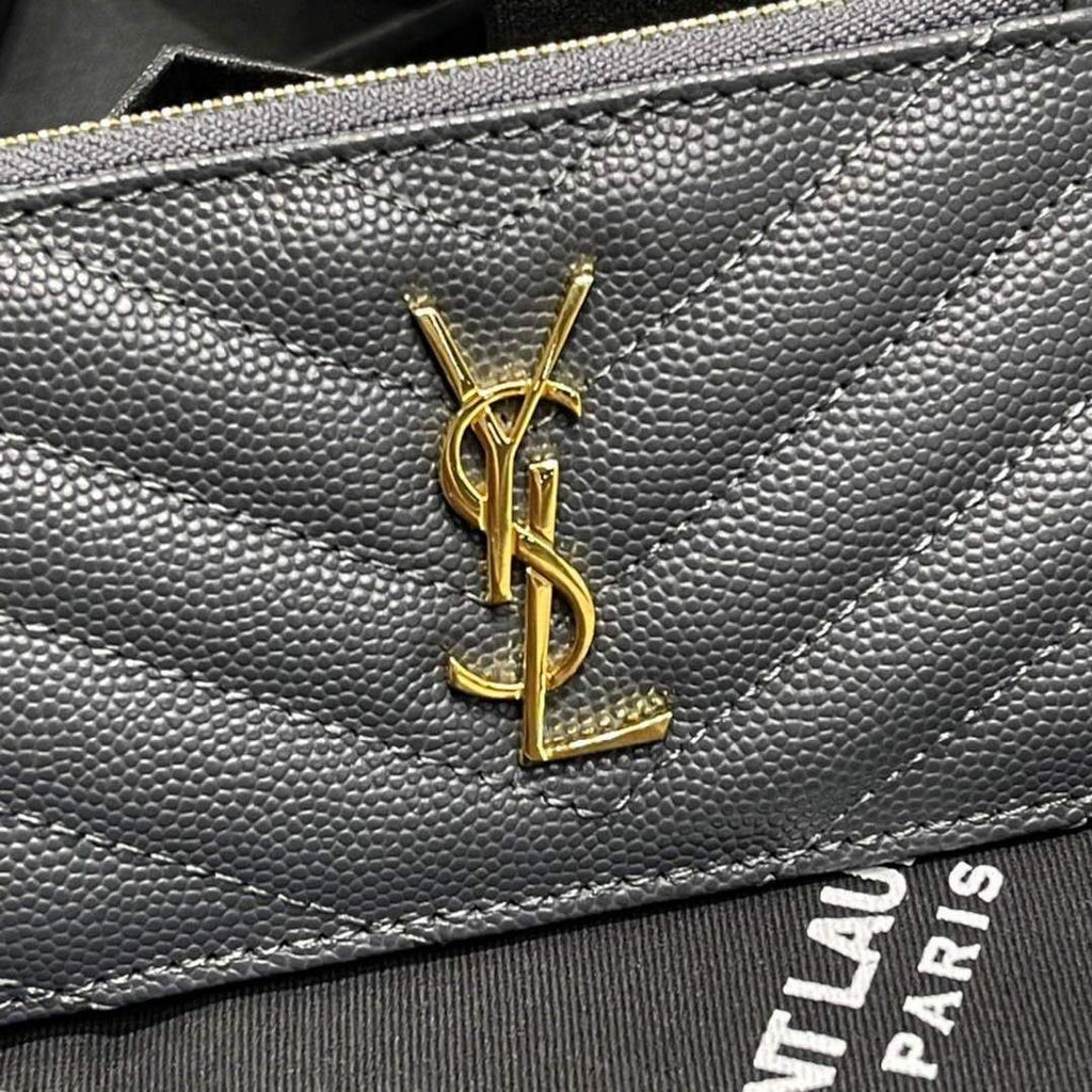 YSL Monogram Fragments Zippered Card Case In Grain De Poudre Embossed Leather 607915 Grey Gold