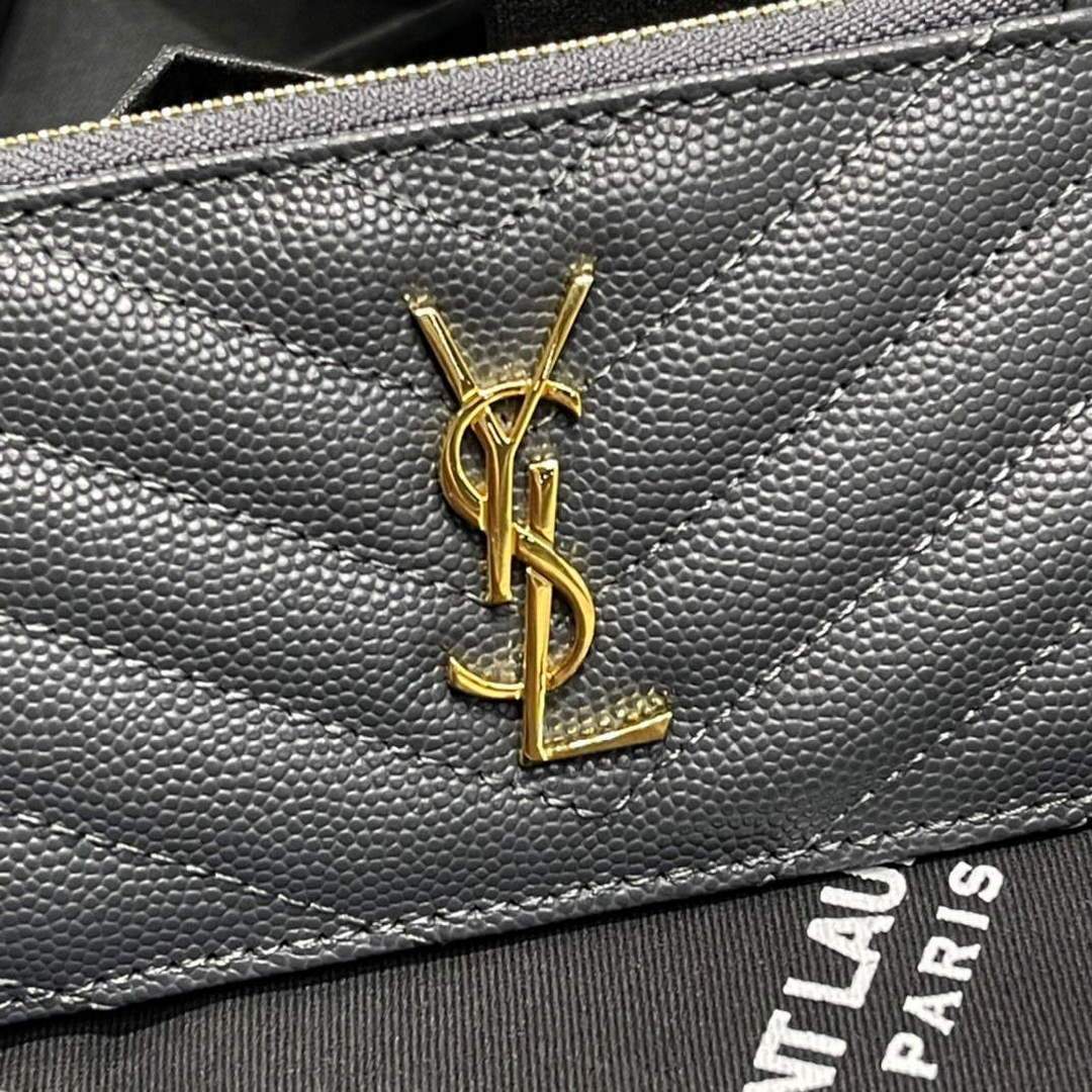 YSL Monogram Fragments Zippered Card Case In Grain De Poudre Embossed Leather 607915 Grey Gold
