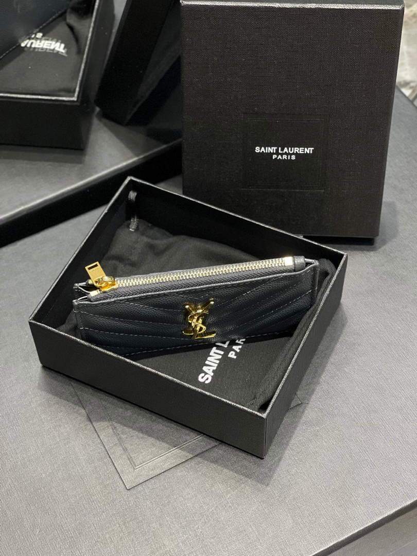 YSL Monogram Fragments Zippered Card Case In Grain De Poudre Embossed Leather 607915 Grey Gold
