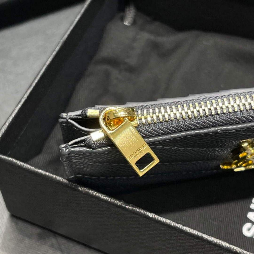 YSL Monogram Fragments Zippered Card Case In Grain De Poudre Embossed Leather 607915 Grey Gold